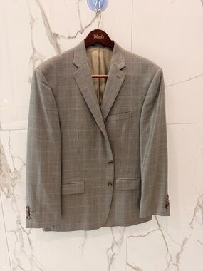 EUC Ralph Lauren Brown Silk/Wool Windowpane Blazer Jacket Sport Coat Sz. 46R